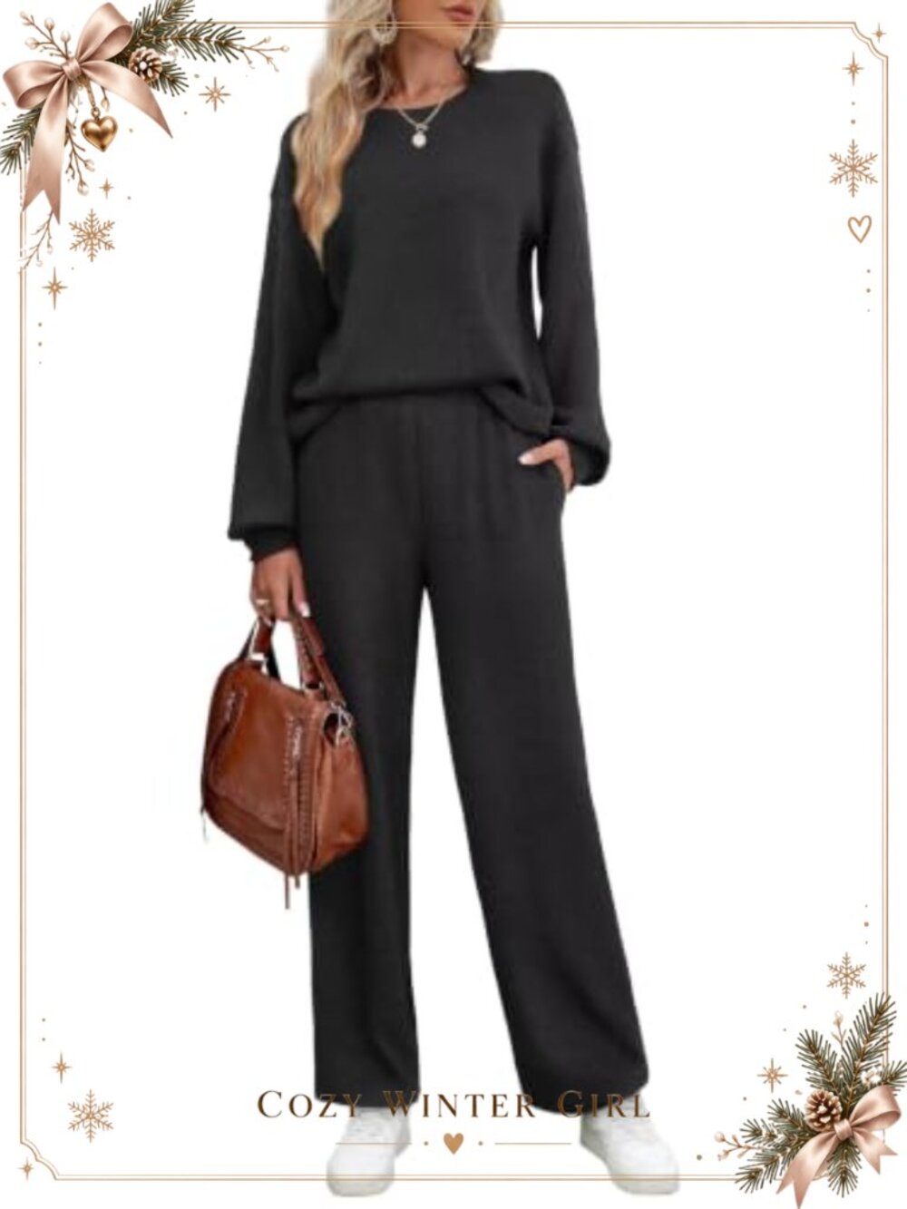 Womens 2 Piece Sweatsuit Set Long Sleeve Drop Shoulder Top Wide Leg Pants Lounge
